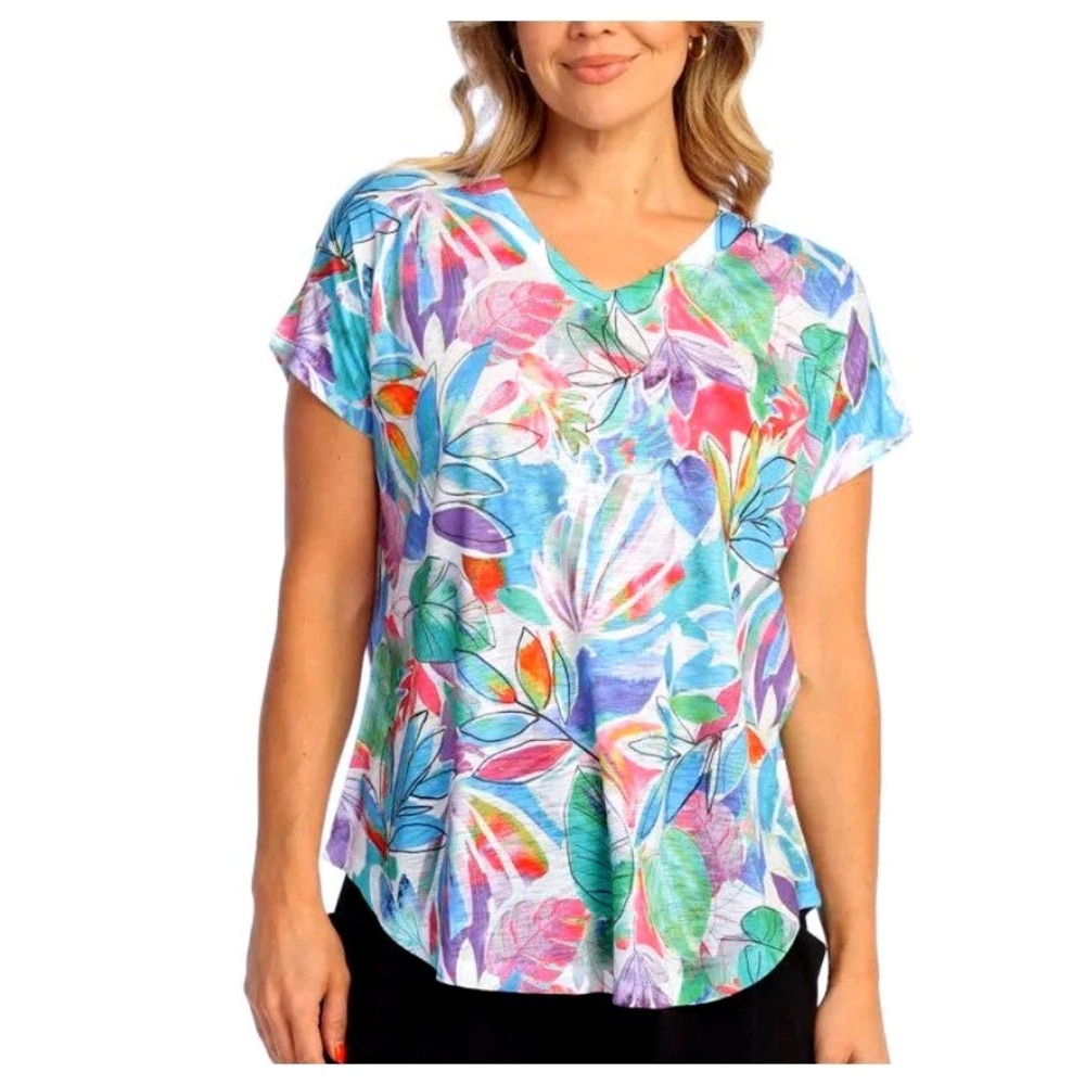 Jess &‎ Jane Tropical Leaf Print V Neck Tunic Top Size M Made in USA
